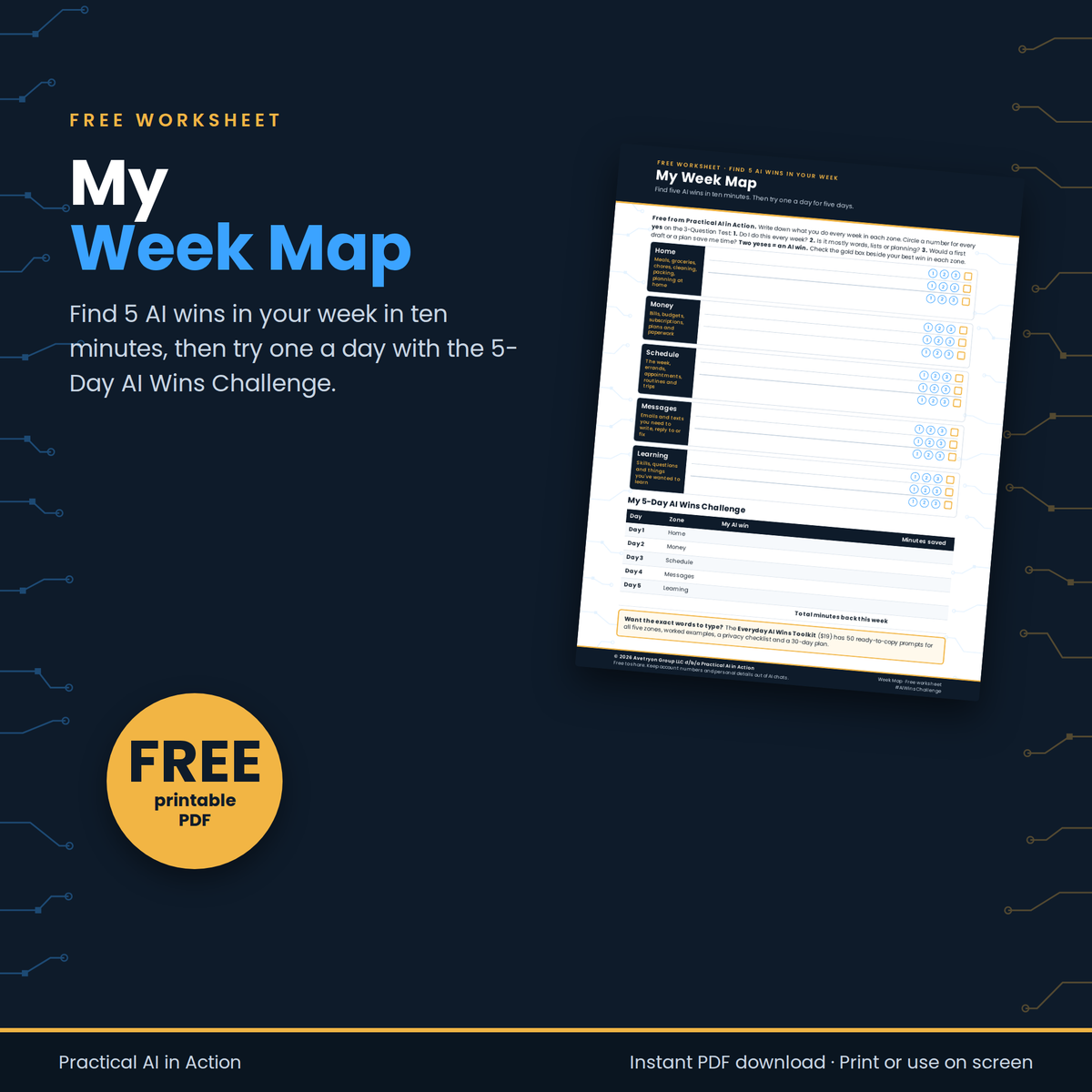 My Week Map — Find 5 AI Wins — Free printable worksheet